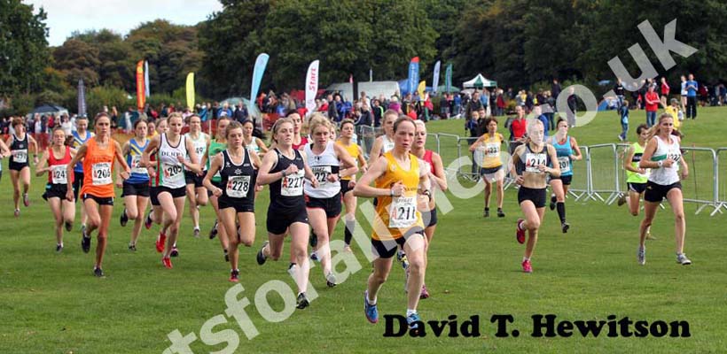 Leading at the start was the fastest leg runner Katie Walshaw (Holmfirth) in the senior women Northern Cross Country Relay, Graves Park, Sheffield.